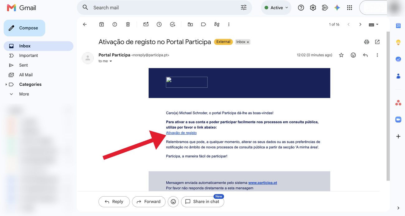 Link “Ativação de registo” dentro do email