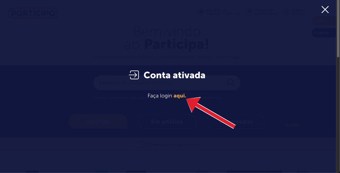 Janela “Conta ativada” — carrega em “aqui” para iniciar sessão